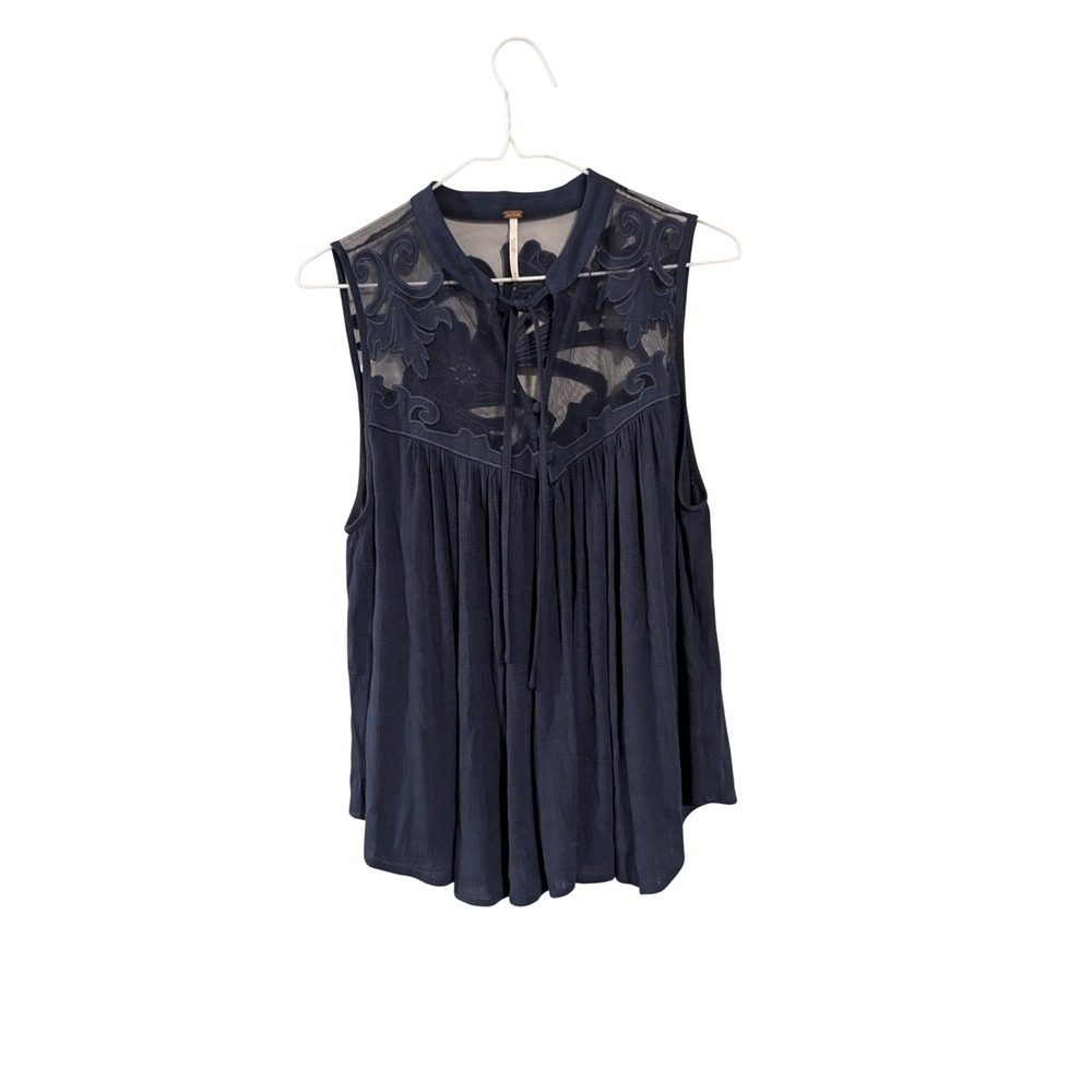 Free People Sleeveless Top Womens Medium Navy Blue Embroidered Coastal Cowgirl
